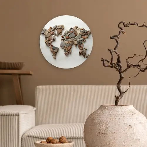 Wereldkaart - Stenen - Wit Wandcirkel plexiglas klein -sfeer1