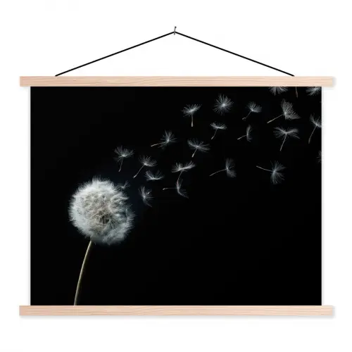 Paardenbloem - Zwart - Natuur textielposter latten blank klein -3d