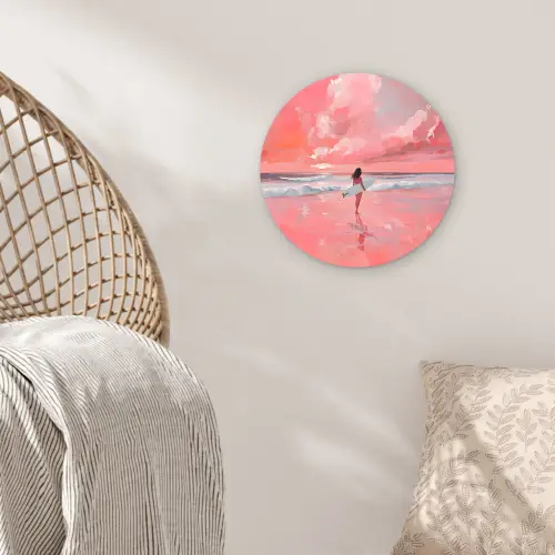 Roze - Surfen - Zee Wandcirkel kunststof plaat 5mm dik klein -sfeer5
