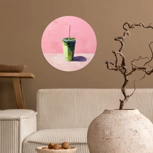 Beker - Rietje - Minimalistisch - Groen Wandcirkel behangsticker klein -sfeer1