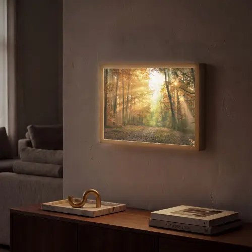 Bos - Herfst - Zon - Landschap - Natuur - Bomen - Bladeren Light Box met batterij (Wandlamp) middel -sfeer1