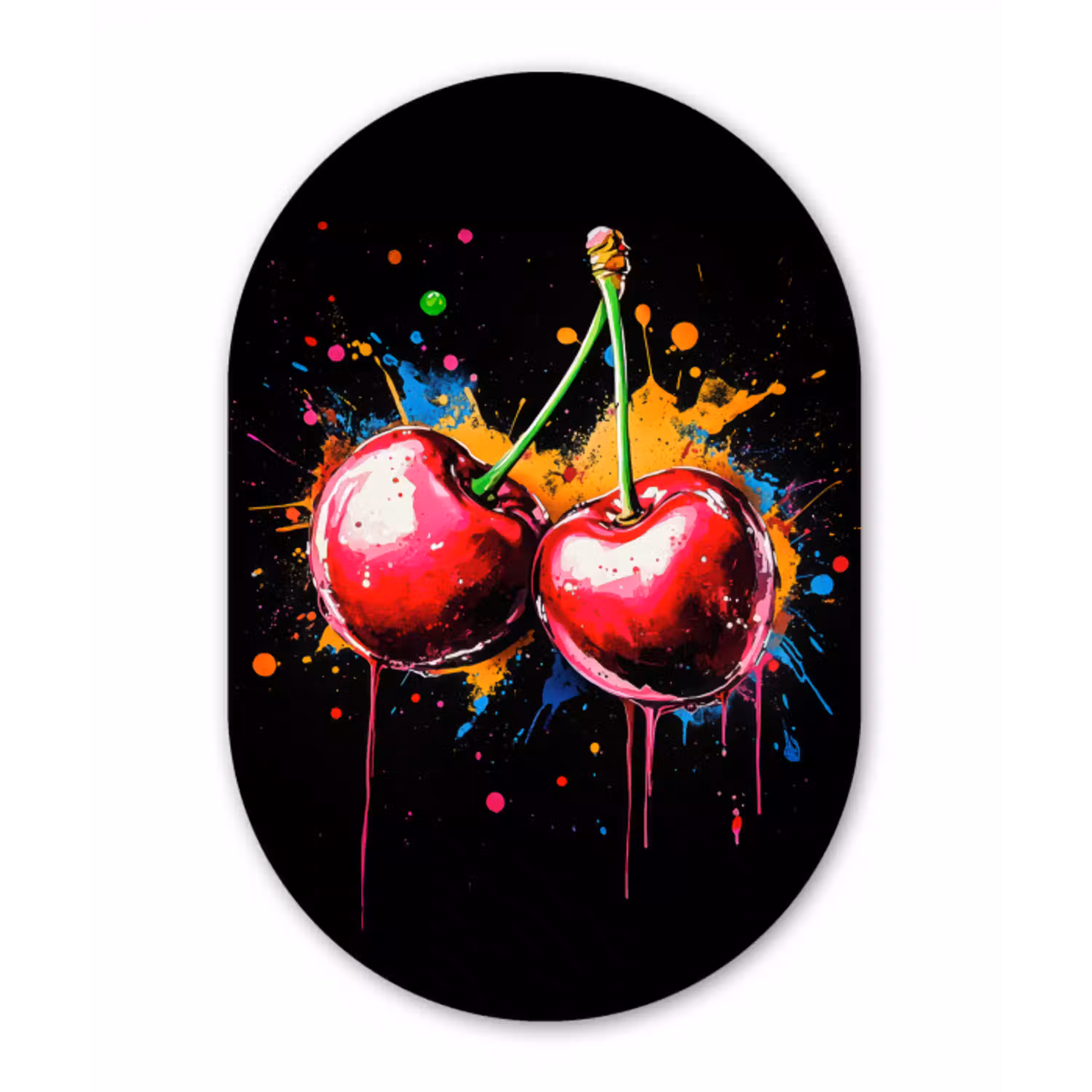 Kersen - Fruit - Graffiti - Verf - Abstract - Modern - Kleurrijk Wandcirkel Ovaal Aluminium middel -3d