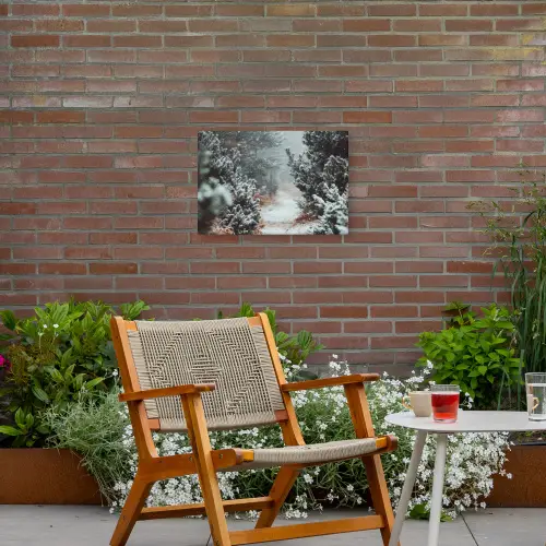 Bos - Winter - Bomen - Natuur - Pad - Sneeuw Tuinposter op houten frame 2 cm dik klein -sfeer3