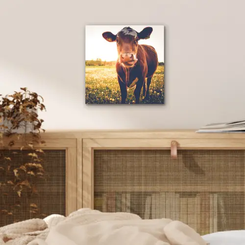Koe - Zonsondergang - Bloemen - Gras - Dieren aluminium wit klein -sfeer3