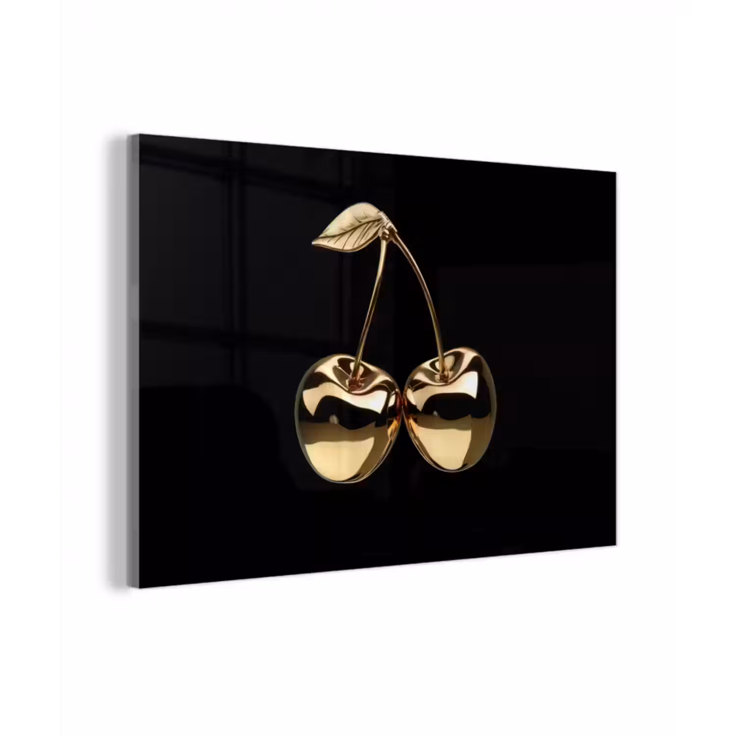Glas schilderij - Kersen - Zwart - Goud - Chrome