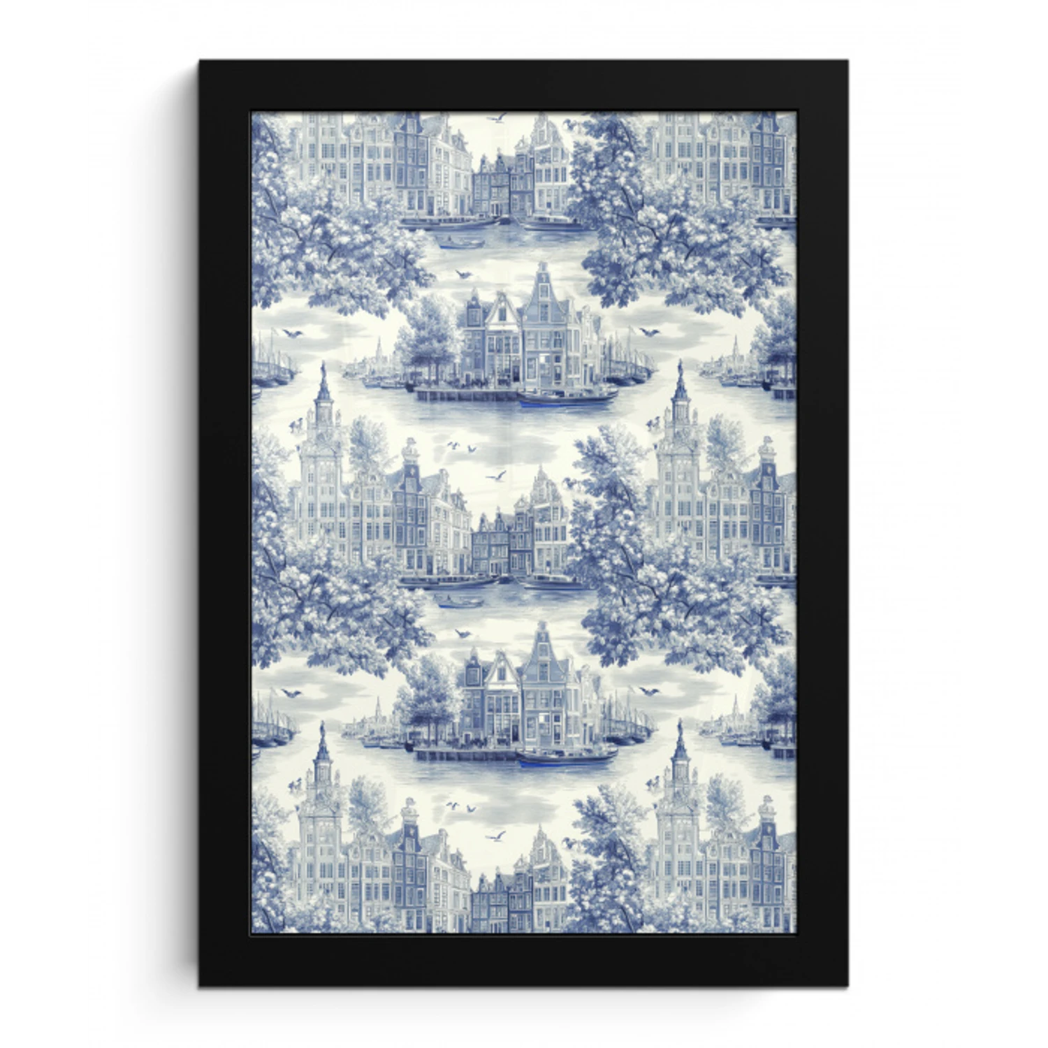 Huizen - Bomen - Water - Vogels - Blauw fotolijst zwart zonder passe partout klein 224 -3d
