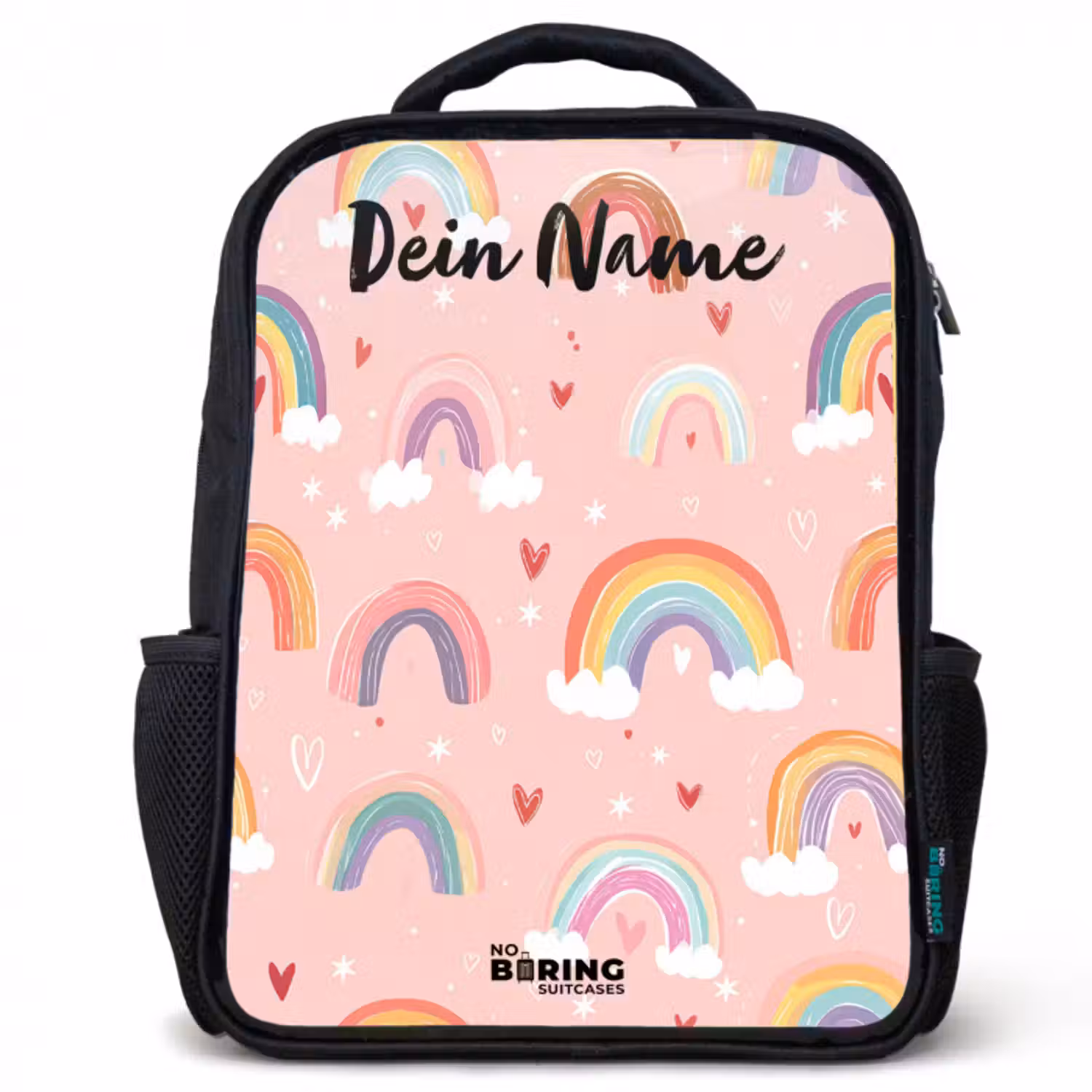 Kinderrucksack mit Namen - Schwarz - Regenbogen - Muster - Pastell