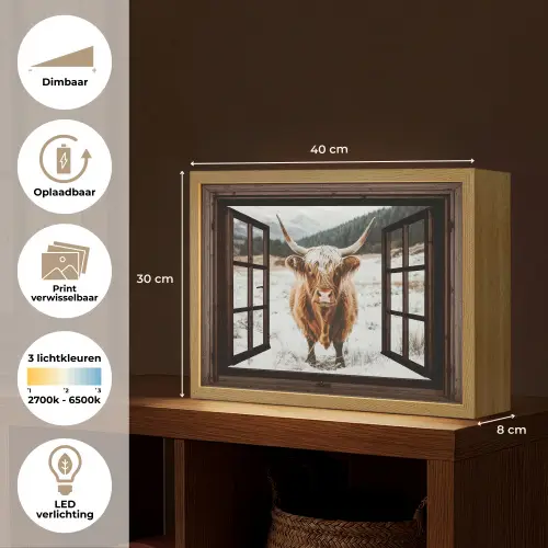 Schotse Hooglander - Landschap - Landelijk - Bergen - Winter - Doorkijk - Donker Light Box met batterij (Wandlamp) middel -USP_websiteoverzichtNL