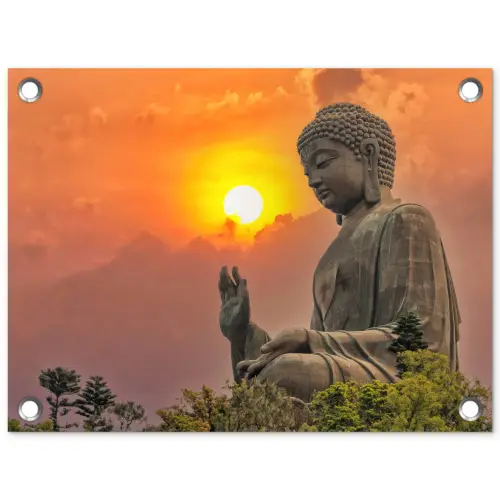 Buddha - Zonsondergang - Boeddha beelden - Planten tuinposter los doek klein -3d