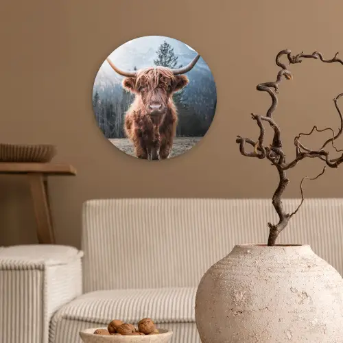 Schotse hooglander - Koe - Dieren - Berg - Natuur Wandcirkel kunststof plaat 5mm dik klein -sfeer1