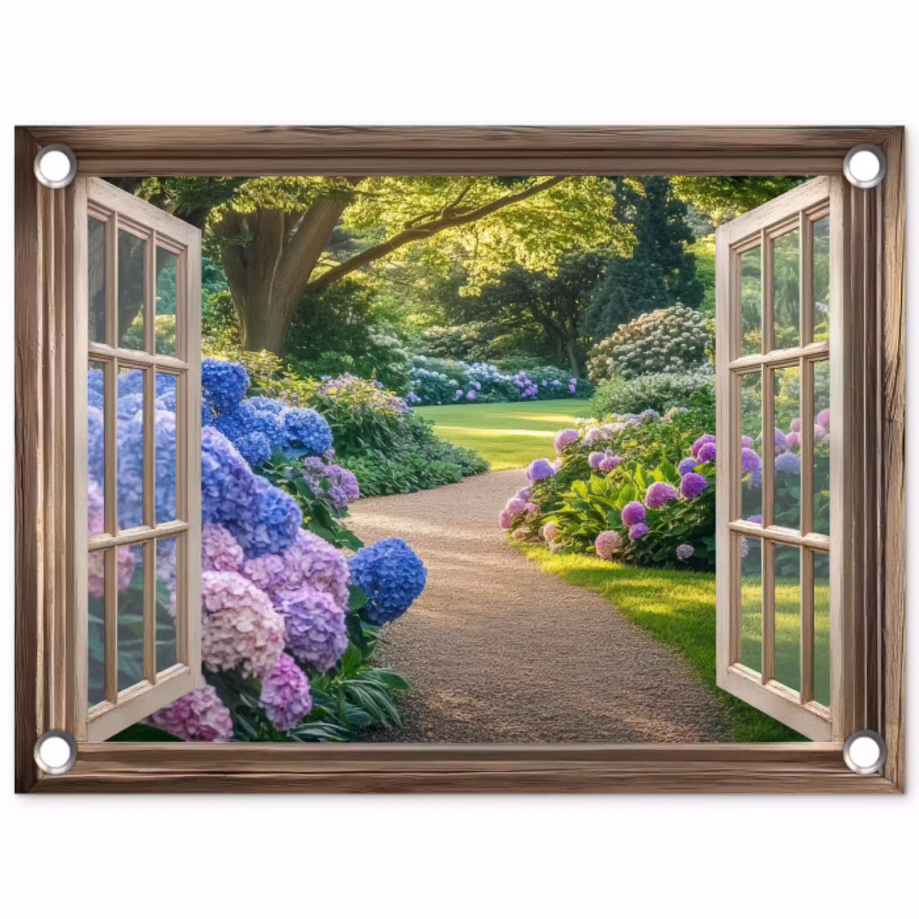 Doorkijk - Tuin - Raam - Hortensia - Bloemen tuinposter los doek klein -3d