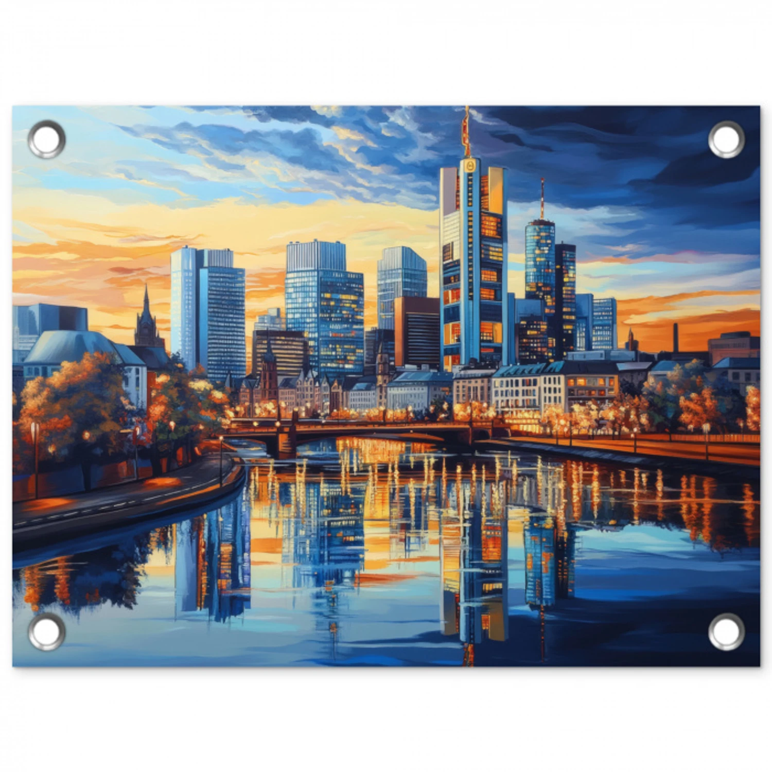 Zonsondergang Frankfurt - Stad - Skyline - Water tuinposter los doek klein -3d