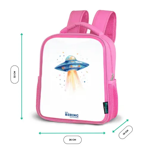 Blauw ruimteschip met lichtstraal Kinderrugzak - Roze middel -productfoto_formaten
