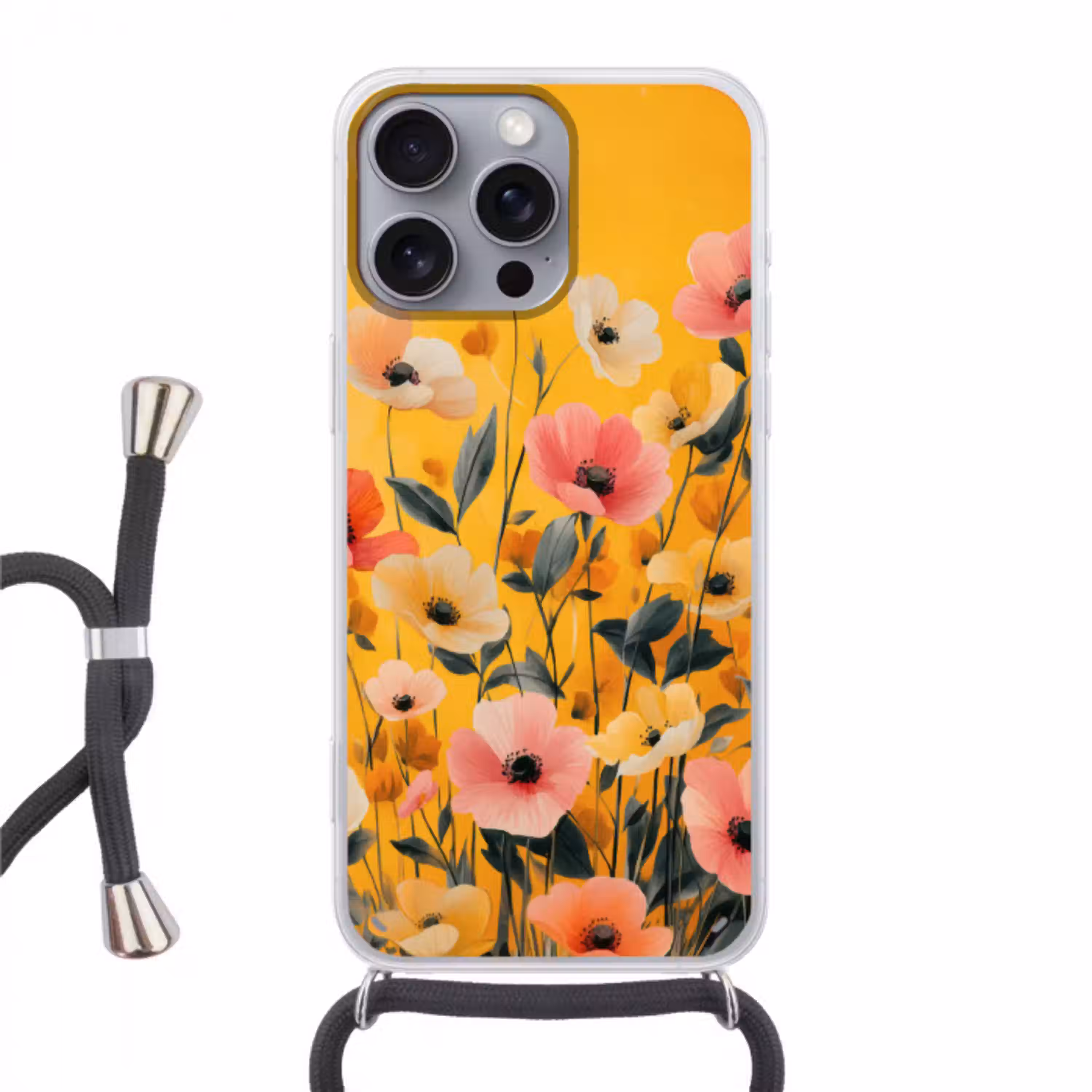Bloemen - Veld - Geel Hoesje iPhone 16 Pro Max met koord klein -3d