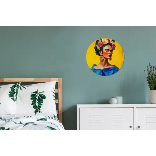 Frida Kahlo - Vrouw - Geel - Blauw - Bloemen Wandcirkel aluminium klein -slaapkamer