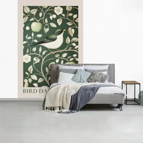 Groen - Vogel  - Bloemen fotobehang vinyl groot -slaapkamer
