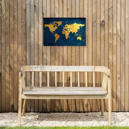 Wereldkaart - Goud - Donkerblauw Tuinposter op houten frame 2 cm dik klein -sfeer4
