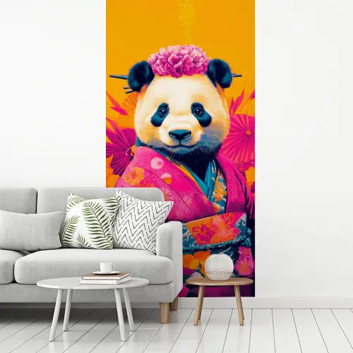 Kimono - Roze - Panda - Bloemenkroon fotobehang vinyl groot -woonkamer
