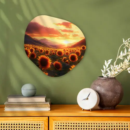 Zonnebloemen - Zonsondergang - Landschap Wandcirkel Organisch Forex 3mm klein -sfeer2