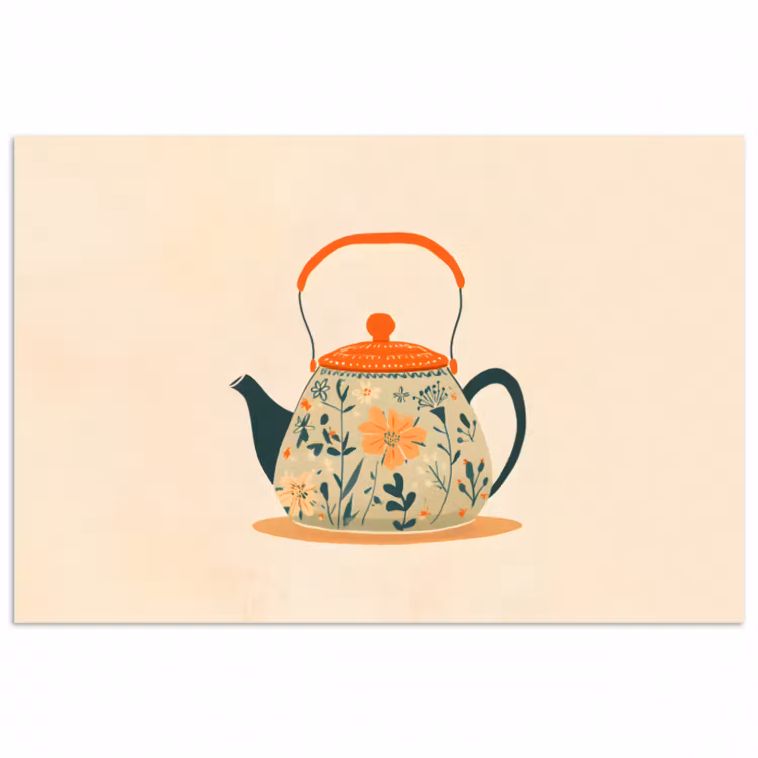 Poster - Orange - Teekanne - Blumen - Blätter