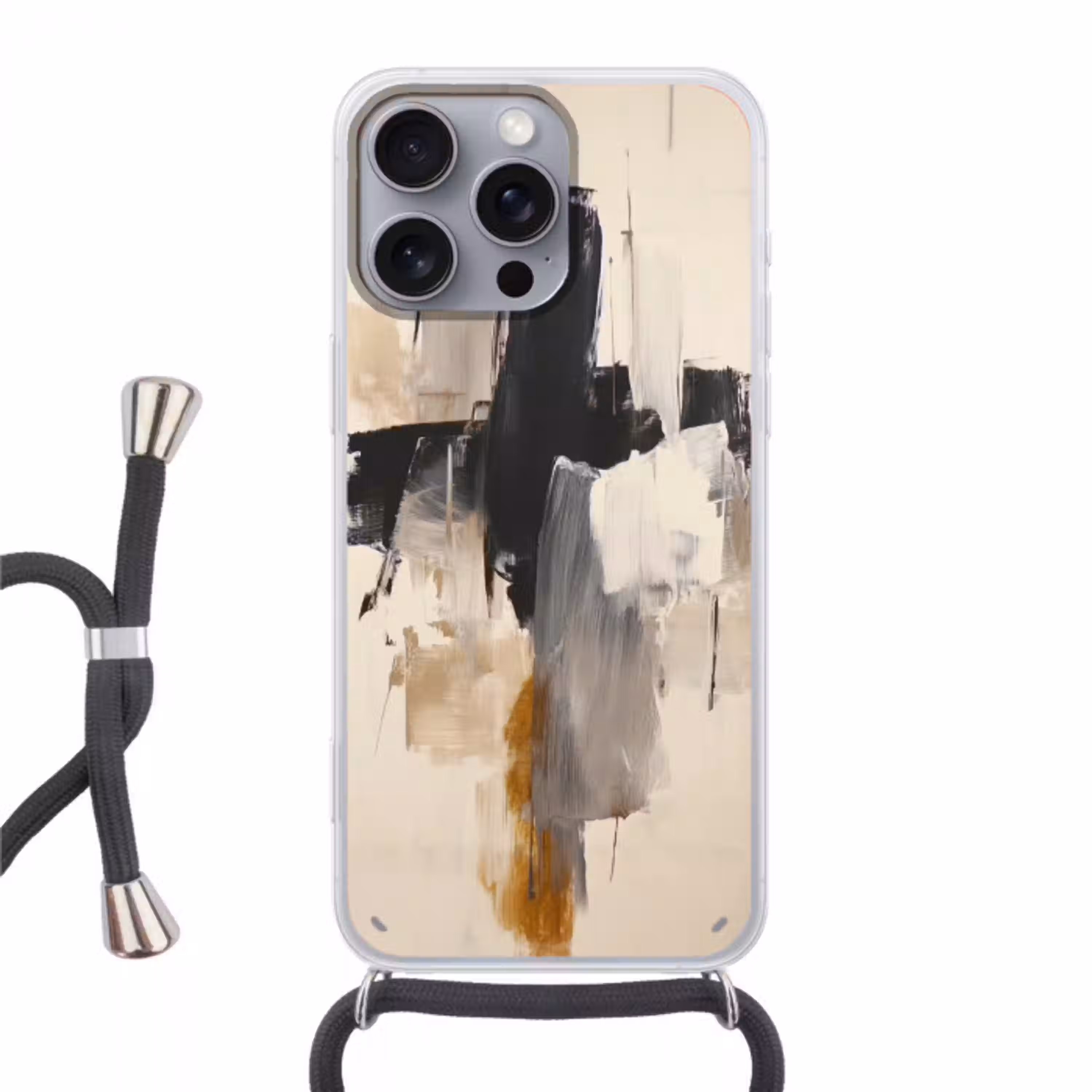 Penseelstreken - Ruw - Abstract - Beige Hoesje iPhone 16 Pro Max met koord klein -3d