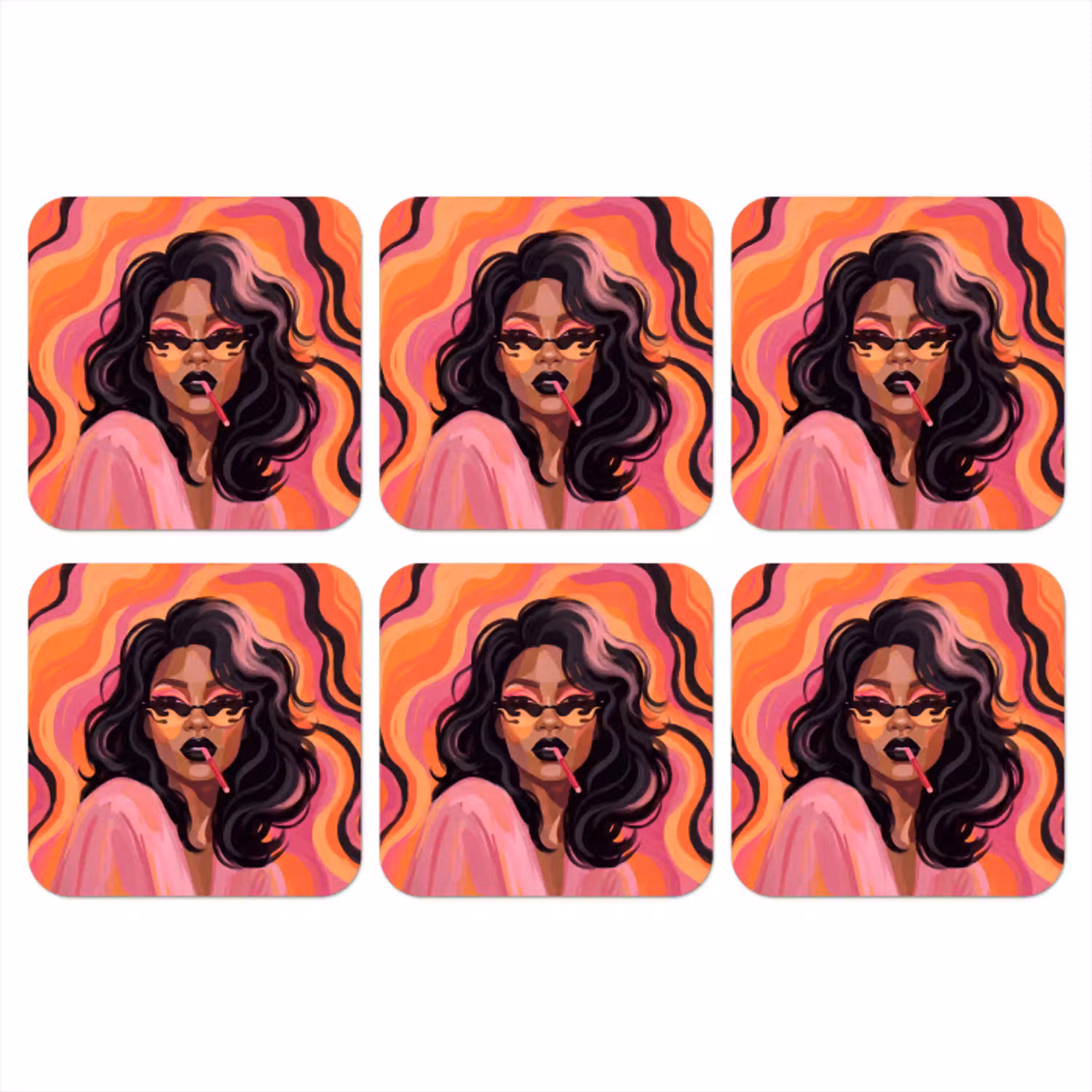 Vrouw - Zonnebril - Modern - Portret - Oranje onderzetter kurk middel -3d