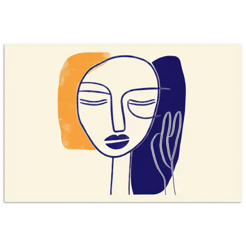 Minimalistisch - Gezicht - Hand - Oranje - Blauw poster papier klein -3d