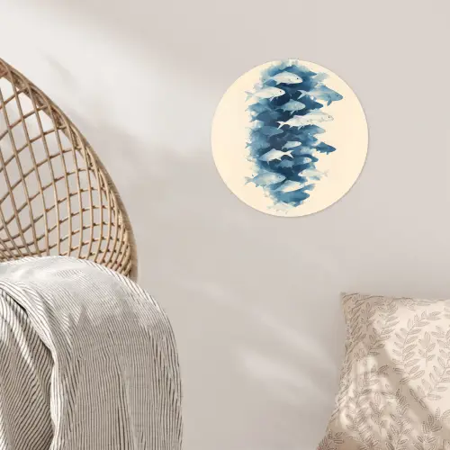 Vissen - Minimalistisch - Blauw Wandcirkel behangsticker klein -sfeer4