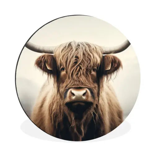Schotse hooglander - Hoorns - Landschap Wandcirkel aluminium klein -3d