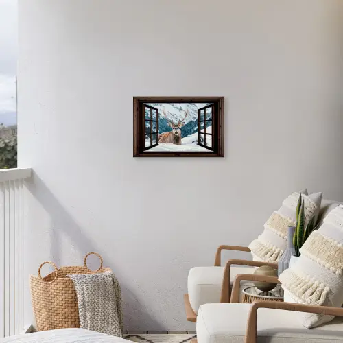 Hert - Landschap - Winter - Natuur - Dieren - Doorkijk - Bergen Tuinposter op houten frame 2 cm dik klein -sfeer1