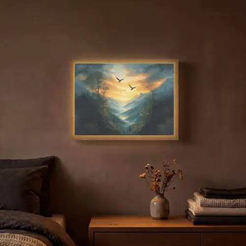Vogels - Zon - Bomen - Groen Light Box met batterij (Wandlamp) middel -sfeer4