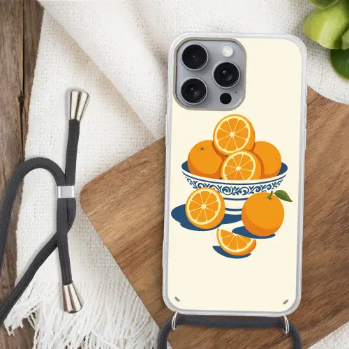 Schaal - Minimalistisch - Oranje - Sinaasappels Hoesje iPhone 16 Pro Max met koord klein -sfeer4