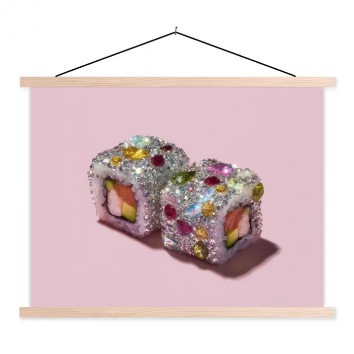 Sushi - Rolletjes - Steentjes - Kleurrijk textielposter latten blank klein -3d