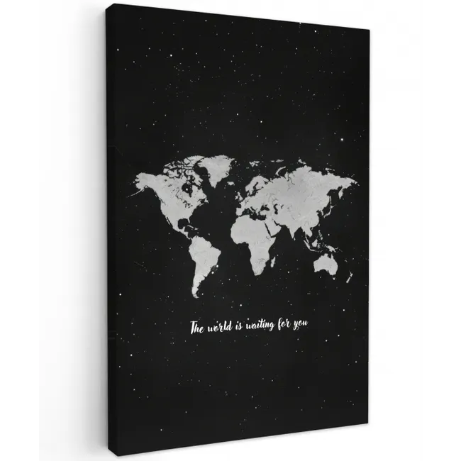 Quote - Wereldkaart - Zwart Tuinposter op houten frame 2 cm dik middel -3d