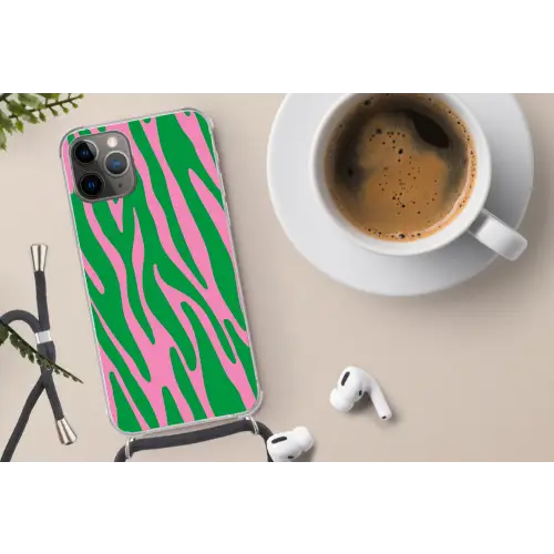 Zebraprint - Roze - Groen - Dierenprint - Kleurrijk Hoesje iPhone 12 Pro met koord klein -oordop
