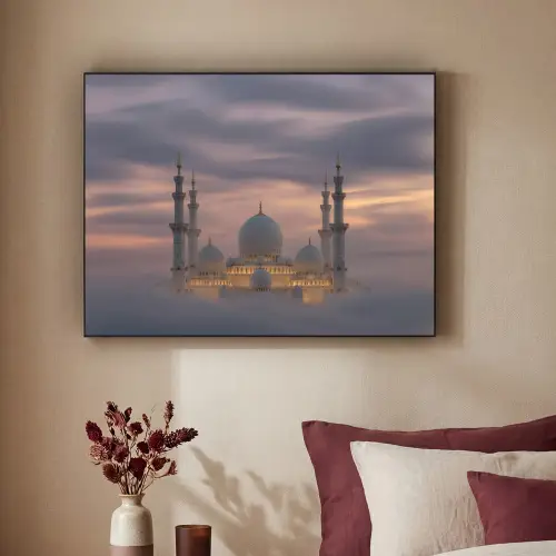 Zonsondergang - Moskee - Wolken - Islamitisch Textielframe zwart klein -sfeer1