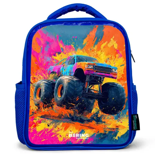 Monstertruck - Verfspatten - Kleurrijk - Explosie Kinderrugzak - Blauw middel -3d