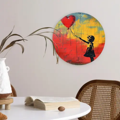 Banksy - Kunst - Graffiti - Meisje - Street art Wandcirkel kunststof plaat 5mm dik klein -sfeer4