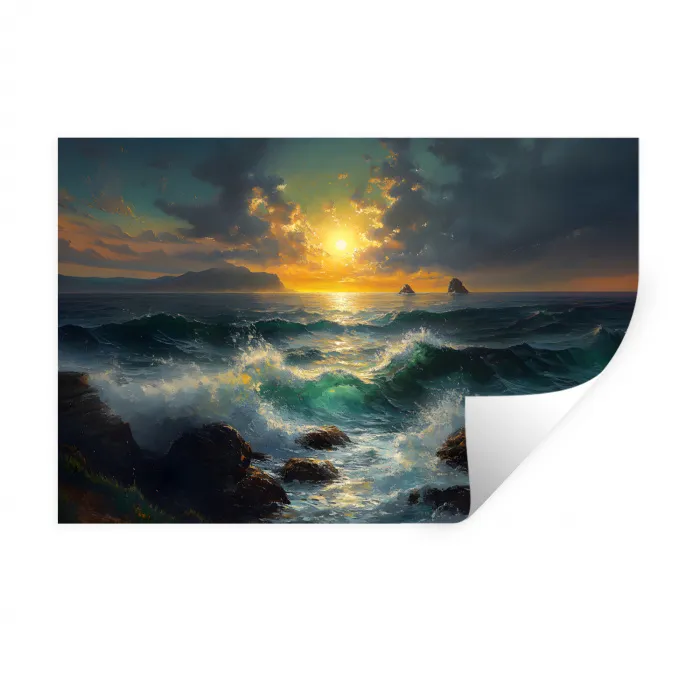 Zee - Zon - Golven - Rotsen Muursticker klein -3d
