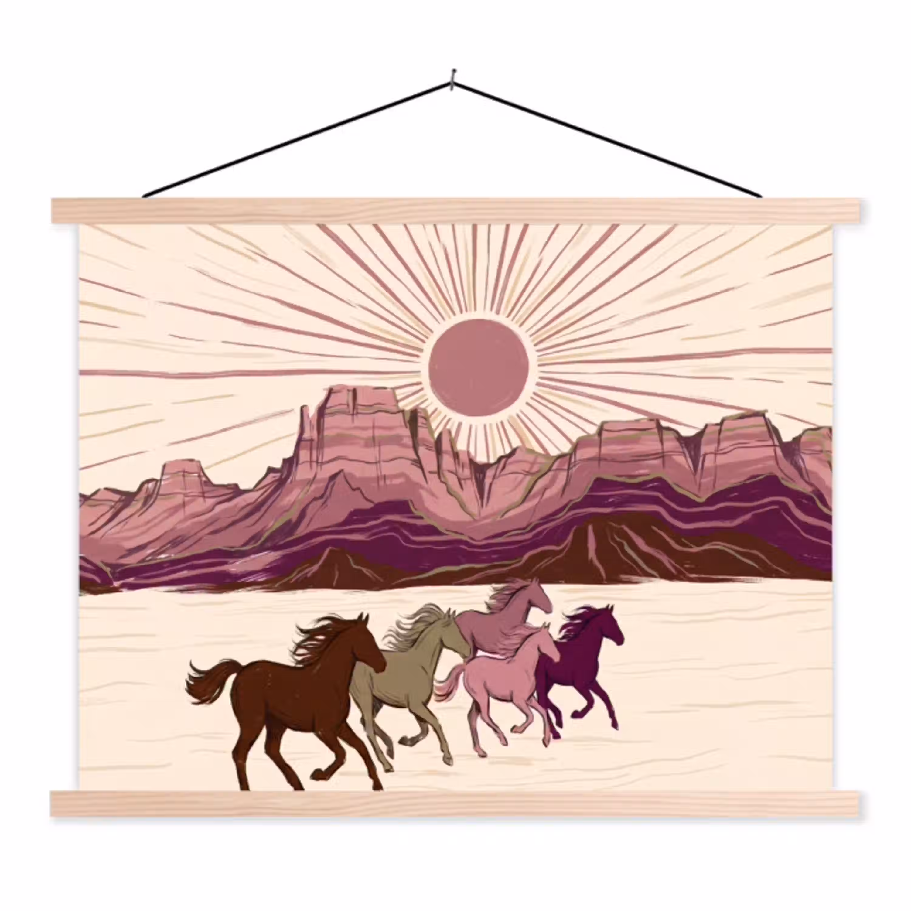 Paarden - Rennend - Woestijn - Natuur - Abstract textielposter latten blank klein -3d