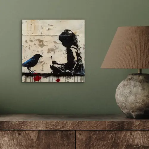 Street art - Meisje - Vogel - Graffiti - Banksy aluminium wit klein -sfeer2