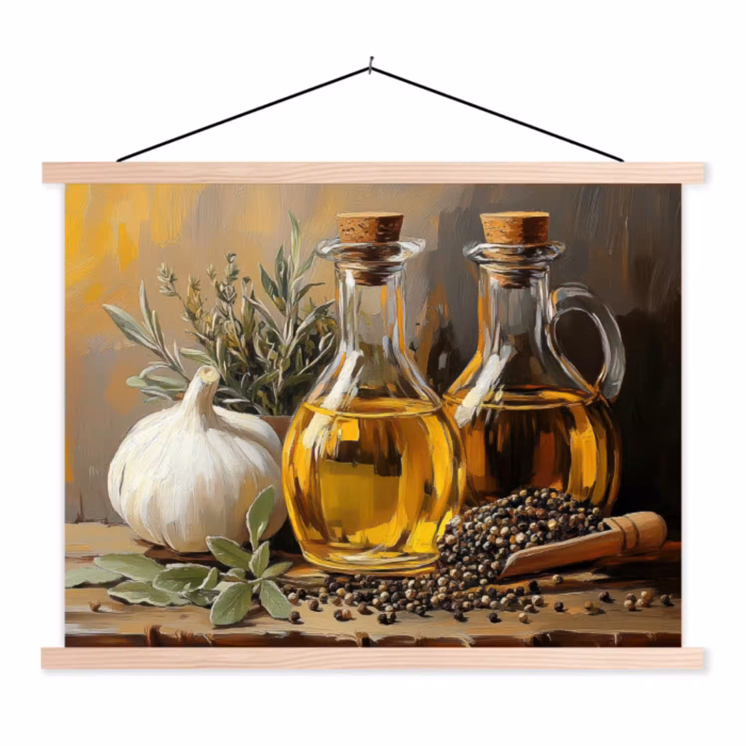 Stilleven - Olijfolie - Knoflook - Kruiden textielposter latten blank klein -3d