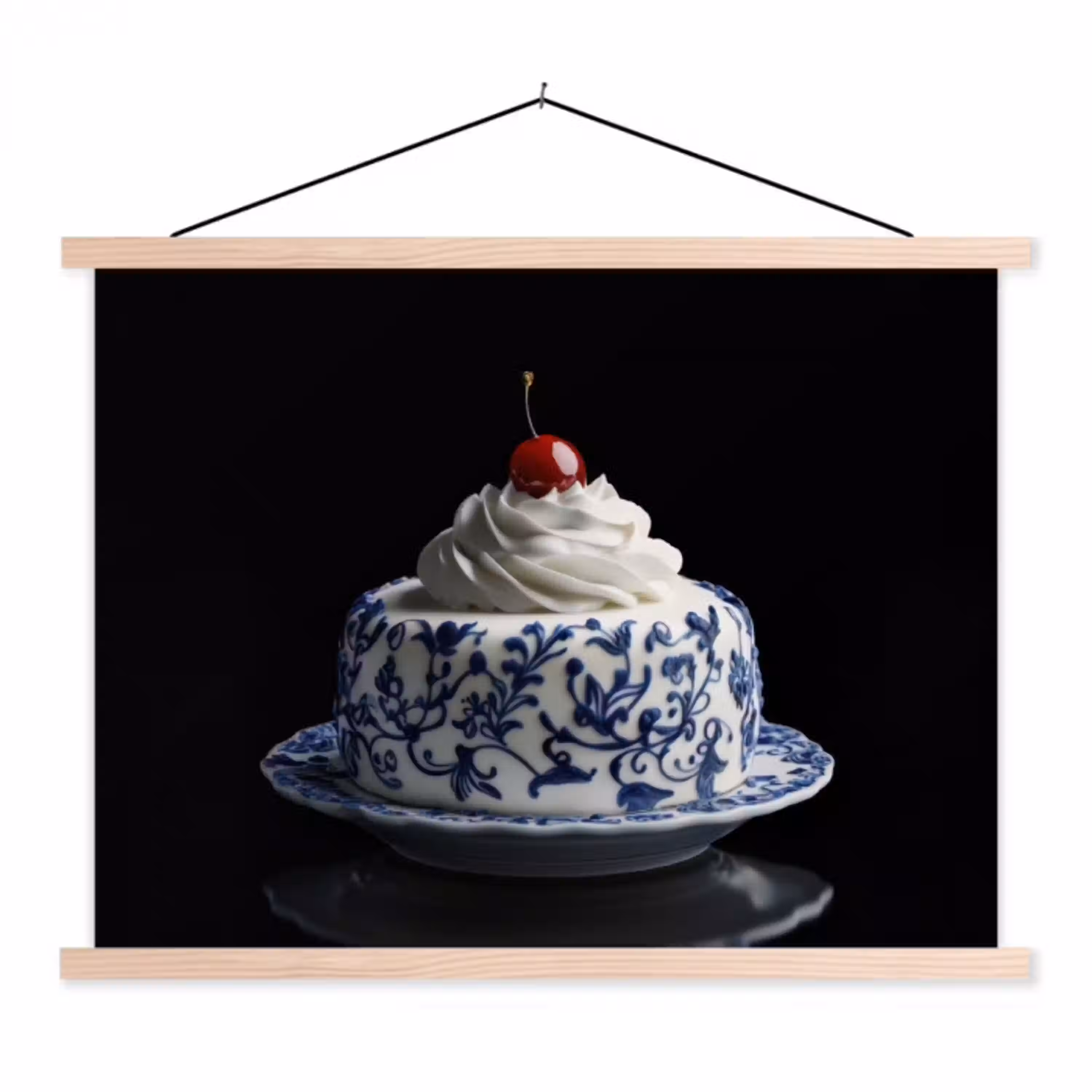 Taart - Slagroom - Kers - Bord - Delfts blauw textielposter latten blank klein -3d