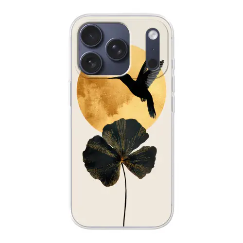 Zwarte kolibrie - Bloem - Gouden cirkel Telefoonhoesje iPhone 17 Pro klein -3d