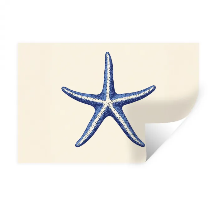 Blauwe zeester - Minimalistisch - Beige Muursticker klein -3d