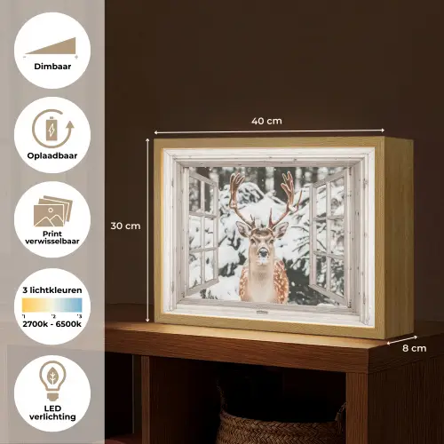 Doorkijk - Hert - Sneeuw - Winter - Bos - Dieren - Natuur Light Box met batterij (Wandlamp) middel -USP_websiteoverzichtNL