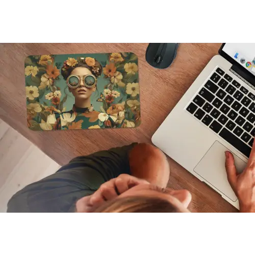 Bloemenkrans - Vrouwengezicht - Zonnebril - Oranje muismat rubber klein -laptop