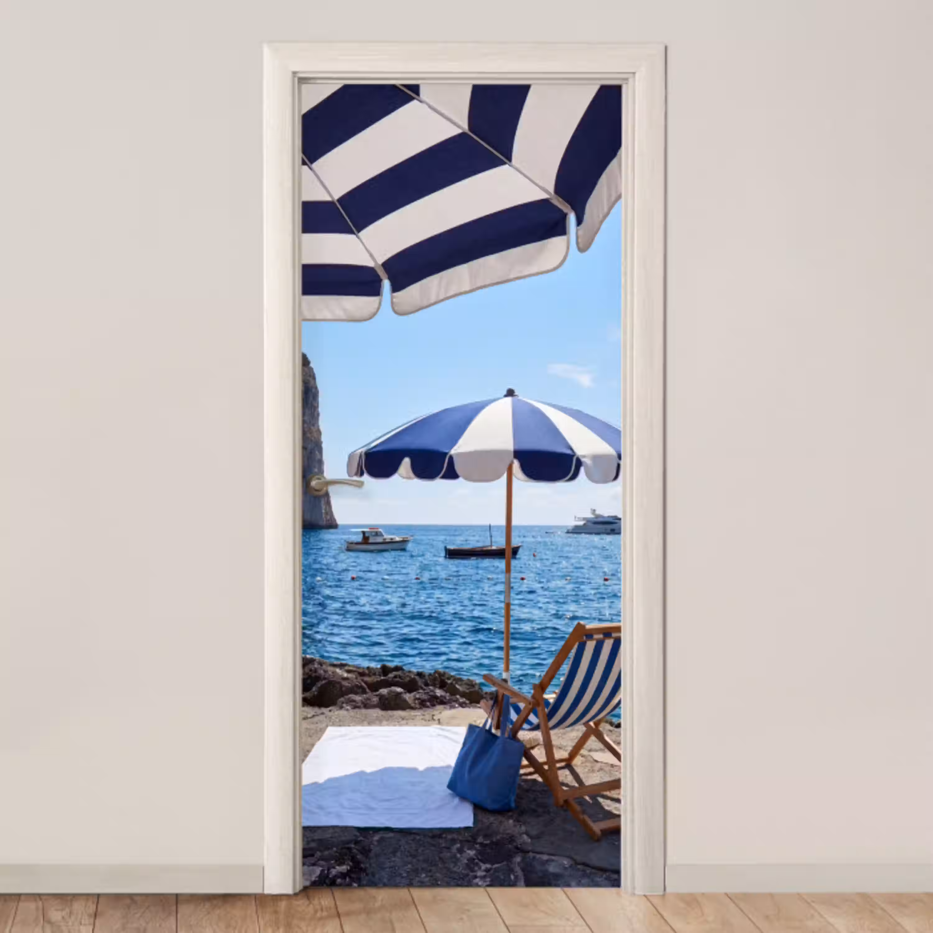 Strand - Ligstoel - Parasol - Zomer - Blauw deurposter klein -3d_beige