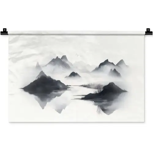Bergen - Mistig - Water - Wit Wandkleed katoen klein -zz3d