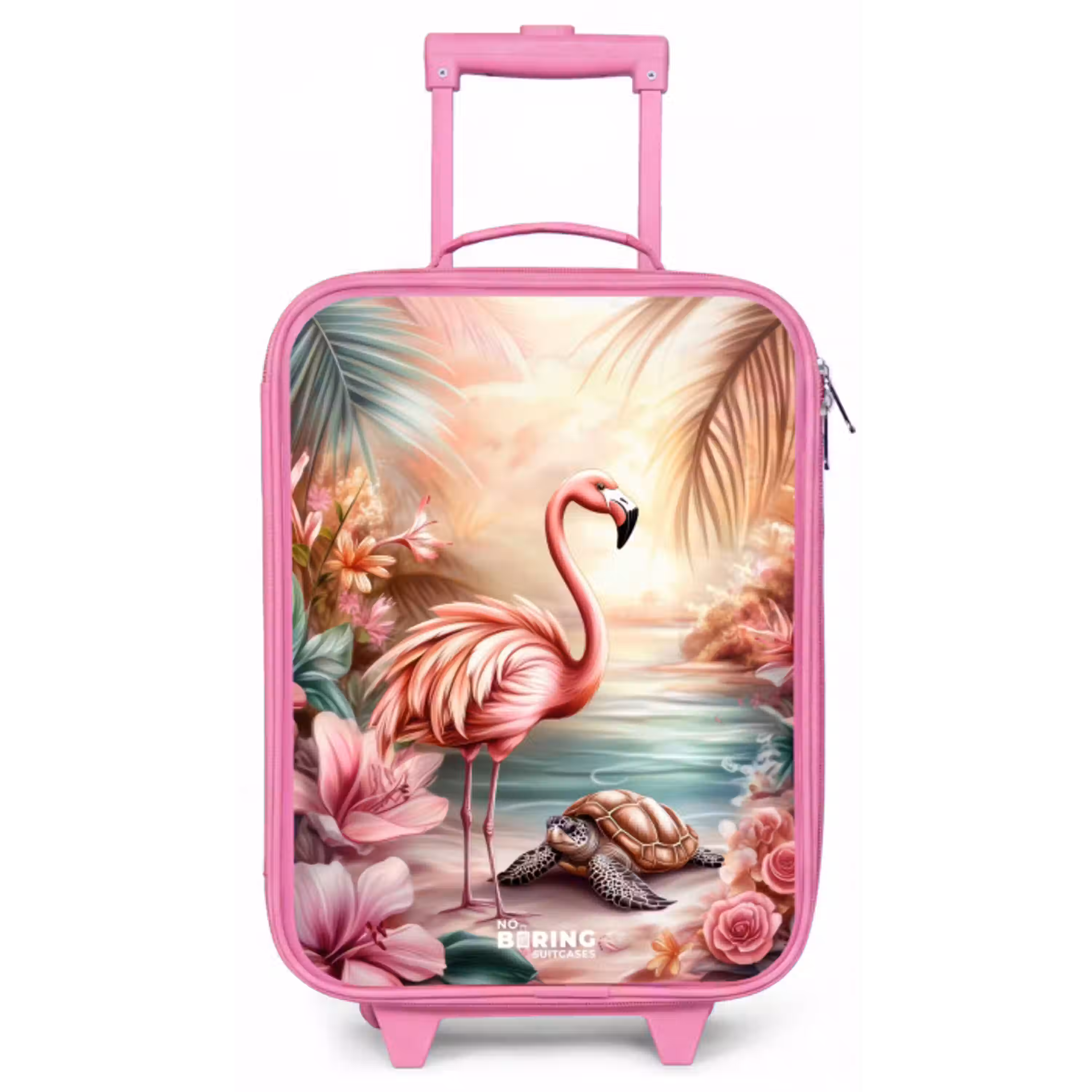 Flamingo en schildpad op een roze strand. Kinderkoffer - Roze klein -zz3dotto
